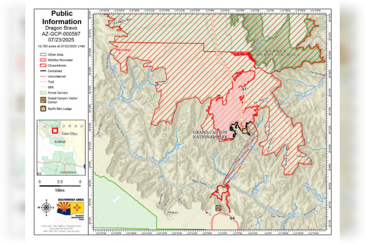 Grand Canyon's Dragon Bravo Fire Grows to Over 16K Acres, Containment