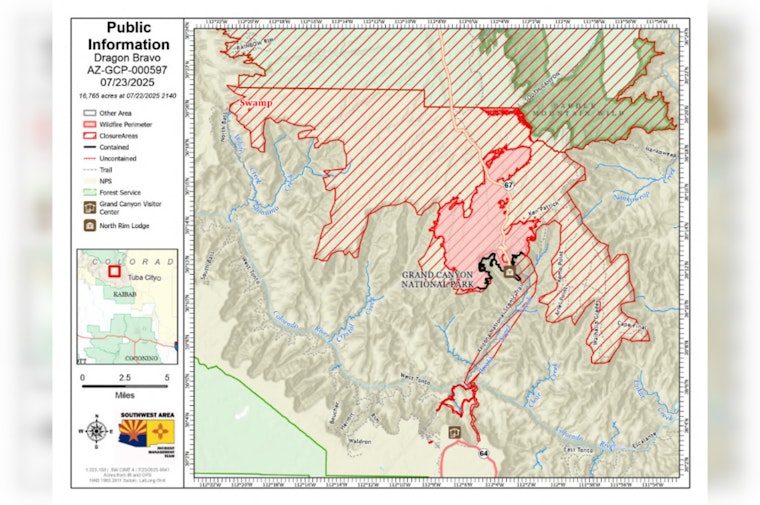 Grand Canyon's Dragon Bravo Fire Grows to Over 16K Acres, Containment Efforts Intensify Amid Critical Weather Conditions
