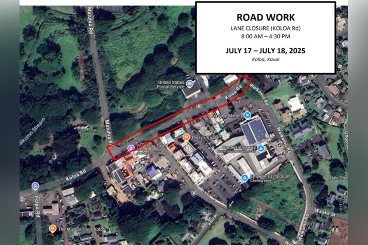 Koloa Road Traffic Alert, Lane Closures and Contraflow Scheduled for July 17-18 Due to Resurfacing Work