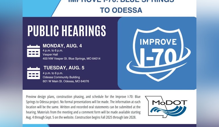 Missouri's Improve I-70 Project Moves Ahead with Public Hearings Scheduled in Blue Springs and Odessa