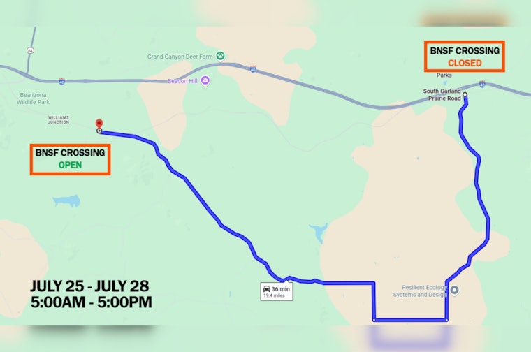 Parks Railroad Crossing Closed for Emergency Repairs July 25-28, Detour to Williams Junction Advised