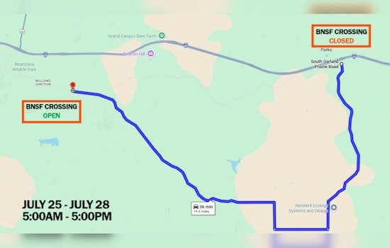 Parks Railroad Crossing Closed for Emergency Repairs July 25-28, Detour to Williams Junction Advised