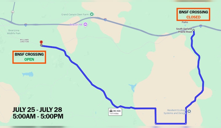 Parks Railroad Crossing Closed for Emergency Repairs July 25-28, Detour to Williams Junction Advised