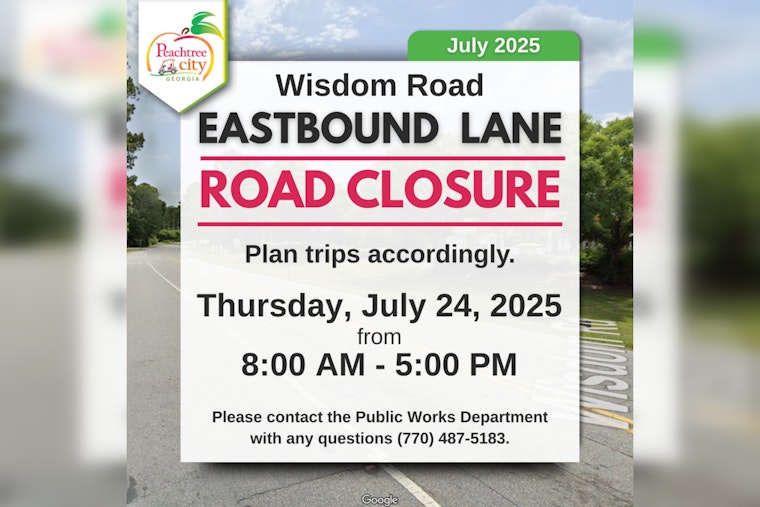 Peachtree City Announces Temporary Closure on Wisdom Road for Storm Drain Maintenance on July 24