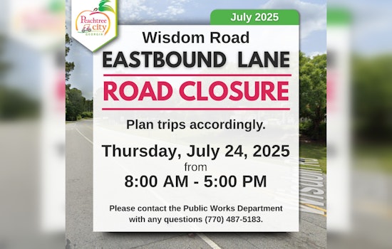 Peachtree City Announces Temporary Closure on Wisdom Road for Storm Drain Maintenance on July 24