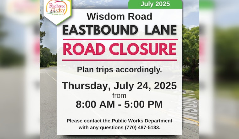 Peachtree City Announces Temporary Closure on Wisdom Road for Storm Drain Maintenance on July 24
