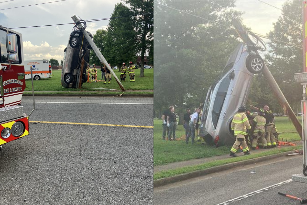 SUV Defies Gravity, Clings to Utility Pole After Murfreesboro Crash,