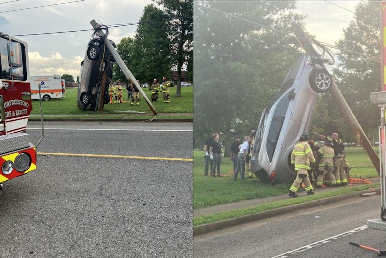 SUV Defies Gravity, Clings to Utility Pole After Murfreesboro Crash, Driver Rescued and in Stable Condition