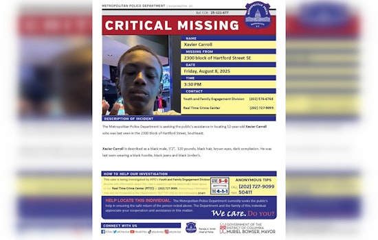 DC Police Seek Public's Help to Locate Missing 12-Year-Old Xavier Carroll in Southeast Washington