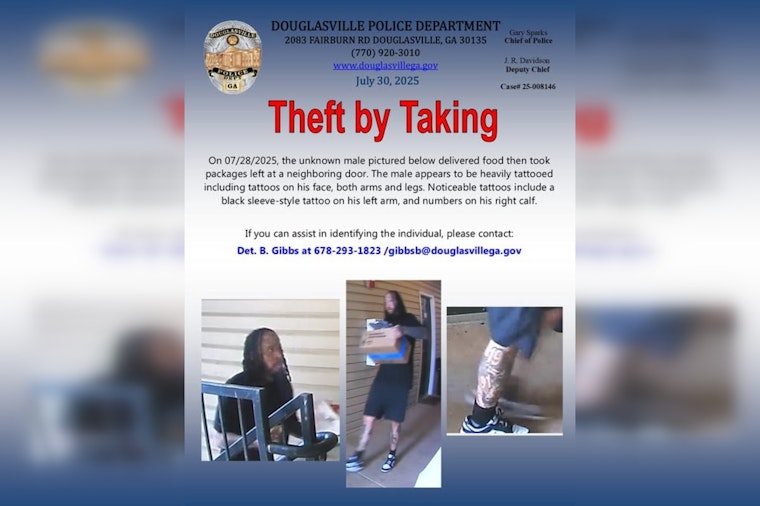 Douglasville Police Seek Public Help to Identify Tattooed Suspect in Package Theft