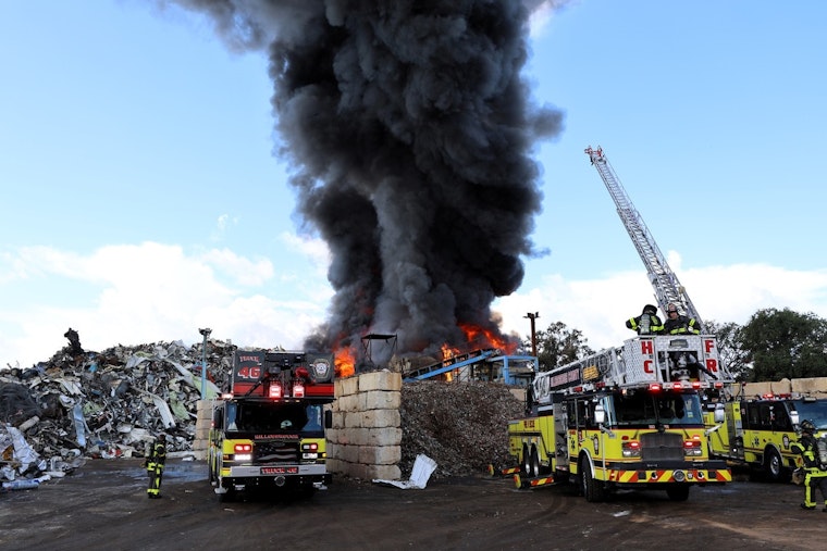 Hillsborough Firefighters Battle Intense 3-Alarm Scrapyard Blaze in Tampa Amid Lightning Threats