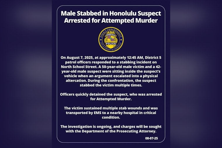 Man Arrested for Attempted Murder After Stabbing on North School Street, Honolulu