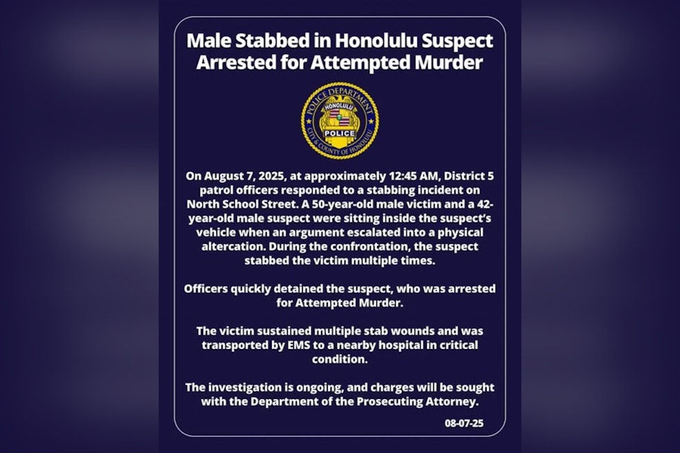 Man Arrested for Attempted Murder After Stabbing on North School Street, Honolulu