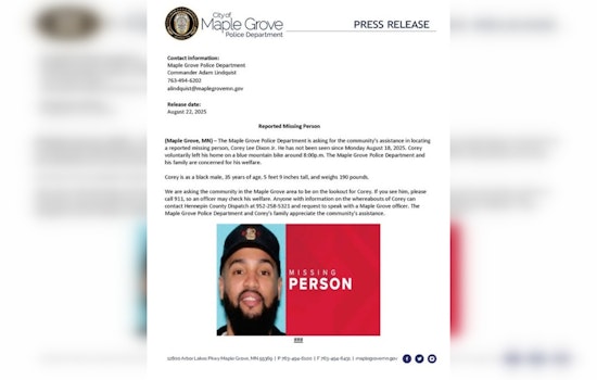 Maple Grove Police Urge Community to Help Locate Missing Man Corey Lee Dixon Jr.