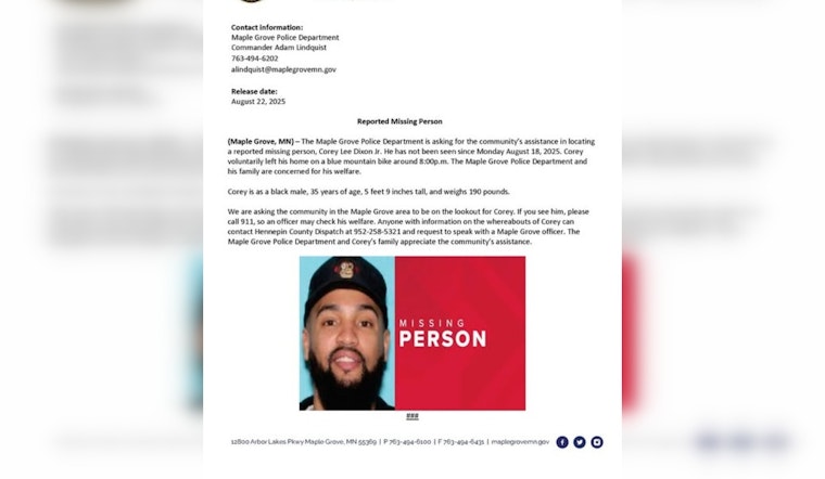 Maple Grove Police Urge Community to Help Locate Missing Man Corey Lee Dixon Jr.