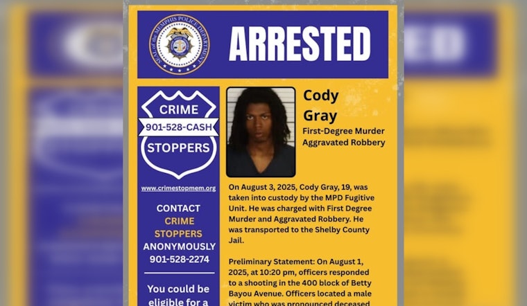 Memphis Police Arrest 19-Year-Old Suspect Charged with First Degree Murder and Aggravated Robbery