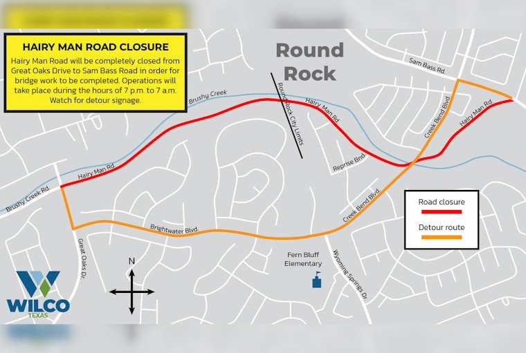 Round Rock's Hairy Man Road Nightly Closure Set for Aug 25 for Bridge Work, Detours Planned