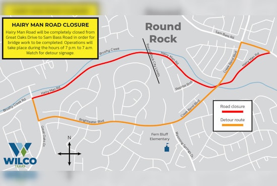 Round Rock's Hairy Man Road Nightly Closure Set for Aug 25 for Bridge Work, Detours Planned