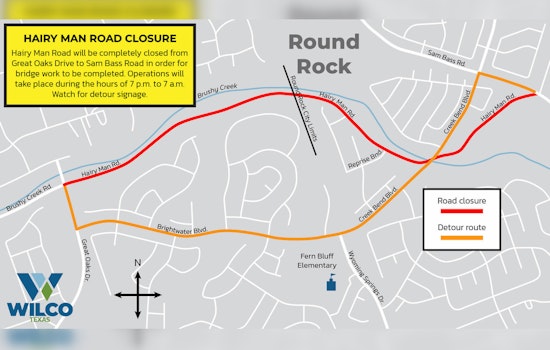 Round Rock's Hairy Man Road Nightly Closure Set for Aug 25 for Bridge Work, Detours Planned