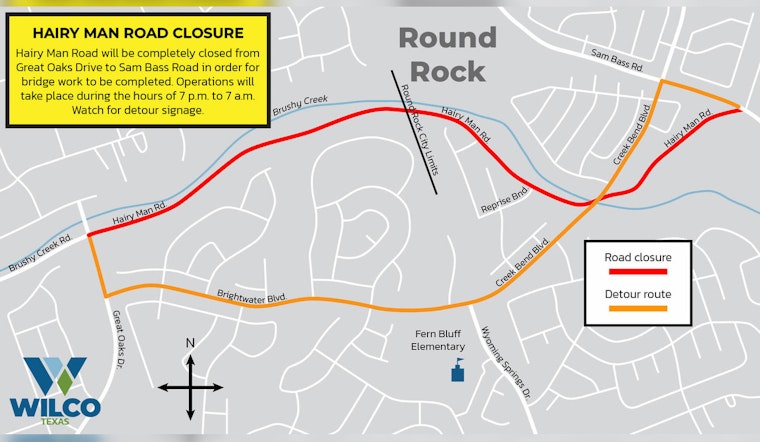 Round Rock's Hairy Man Road Nightly Closure Set for Aug 25 for Bridge Work, Detours Planned
