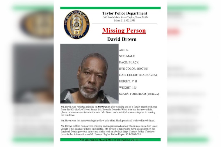 Taylor Police Seek Help to Locate Missing Waco Man with Suicidal Intent and Severe Epilepsy