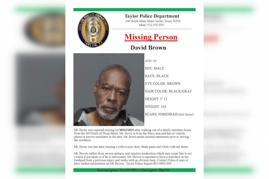 Taylor Police Seek Help to Locate Missing Waco Man with Suicidal Intent and Severe Epilepsy