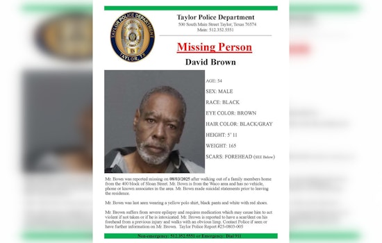 Taylor Police Seek Help to Locate Missing Waco Man with Suicidal Intent and Severe Epilepsy