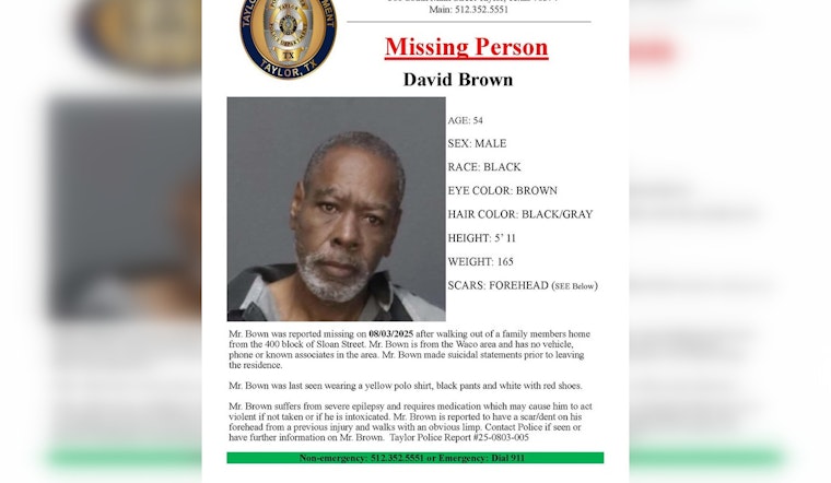 Taylor Police Seek Help to Locate Missing Waco Man with Suicidal Intent and Severe Epilepsy