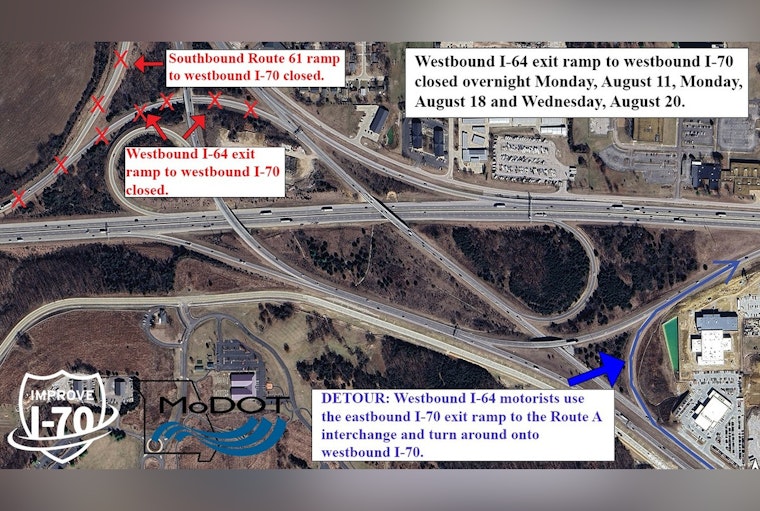Upcoming Overnight Closures on Westbound I-64 Exit Ramp to I-70 in Warrenton and Wentzville Area