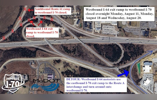 Upcoming Overnight Closures on Westbound I-64 Exit Ramp to I-70 in Warrenton and Wentzville Area