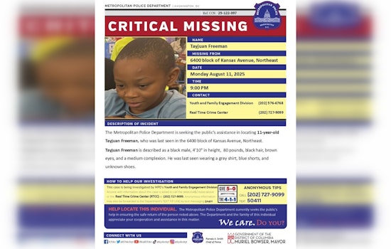 Urgent Search for Missing 11-Year-Old Tayjuan Freeman in Northeast DC, Police Call for Community Assistance