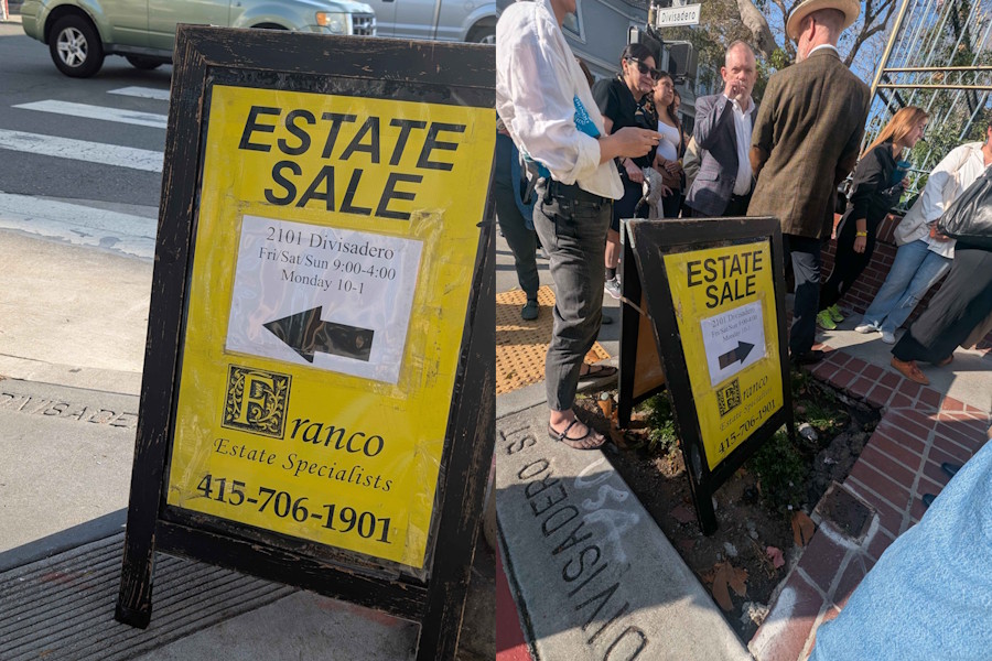 Crowds Wait by Signs for Estate Sale at 2101 Divisadero in Pacific Heights