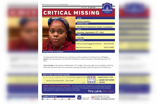 DC Police Issue Critical Alert for Missing 14-Year-Old Tyonna Sanders, Urge Public to Assist in Search Efforts
