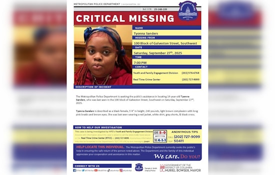DC Police Issue Critical Alert for Missing 14-Year-Old Tyonna Sanders, Urge Public to Assist in Search Efforts