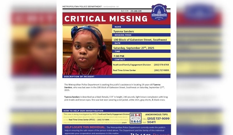 DC Police Issue Critical Alert for Missing 14-Year-Old Tyonna Sanders, Urge Public to Assist in Search Efforts