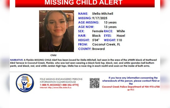 Florida Authorities Issue Missing Child Alert for 13-Year-Old Stella Mitchell from Coconut Creek