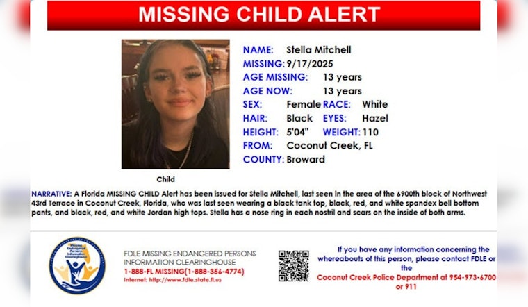 Florida Authorities Issue Missing Child Alert for 13-Year-Old Stella Mitchell from Coconut Creek