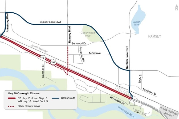 Highway 10 in Ramsey to Undergo Night-time Detours on September 8 and 9