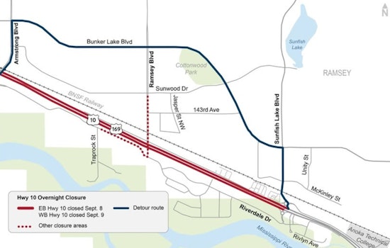 Highway 10 in Ramsey to Undergo Night-time Detours on September 8 and 9