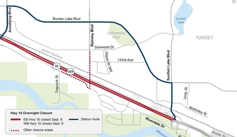 Highway 10 in Ramsey to Undergo Night-time Detours on September 8 and 9
