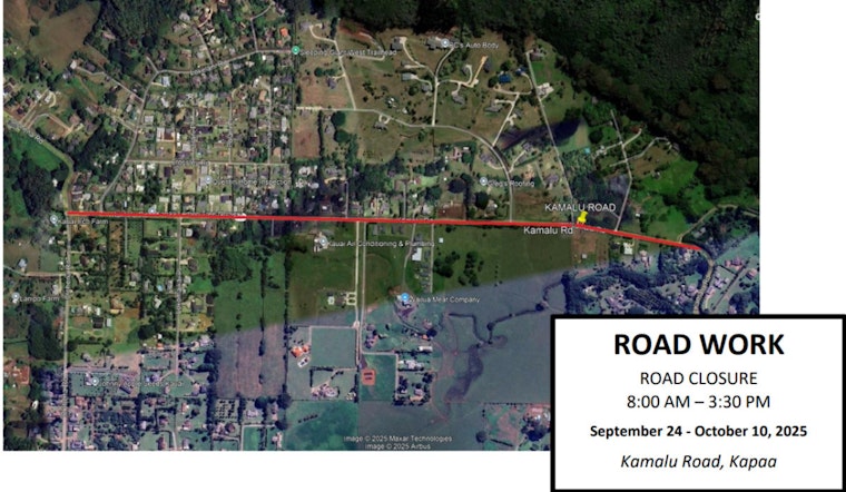 Kapa‘a Drivers Alert as Kamalu Road Lane Closures Scheduled September 24–October 10 for Resurfacing