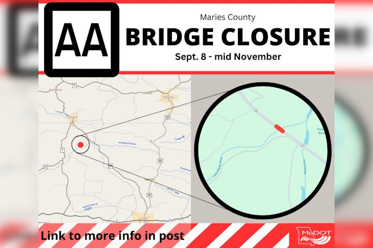 Route AA Closure in Maries County for Little Maries River Bridge Rehab, Detours Effective Sept. 8