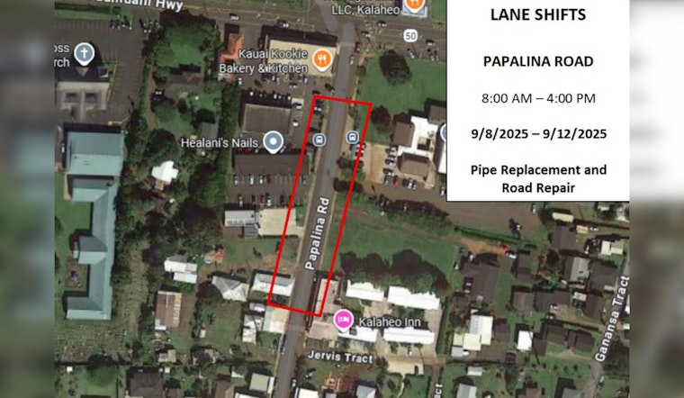 Traffic Alert as Lane Shifts Scheduled on Papalina Road Near Kaumuali‘i Highway Sept. 8-12