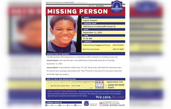 Urgent Search for Missing 13-Year-Old Jaques Stewart in Southeast DC, Police and Community Rally for His Return