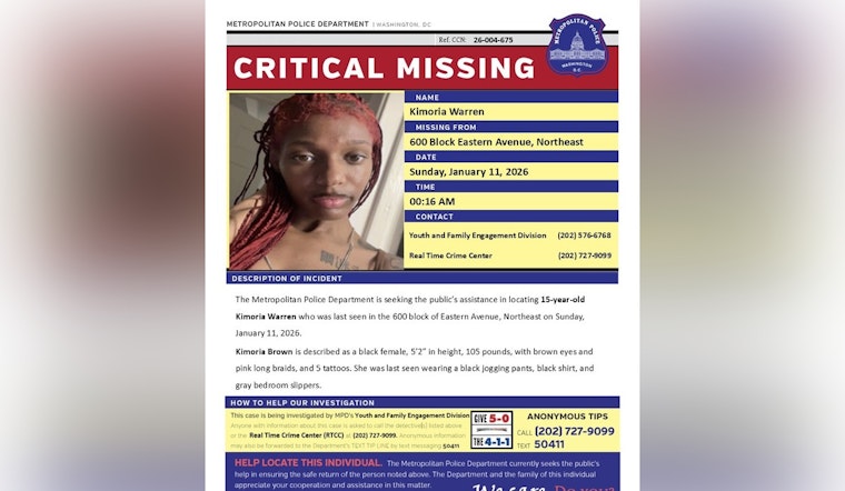 DC Police Seek Public Help to Locate Missing 15-Year-Old Kimoria Warren Last Seen in Northeast Area