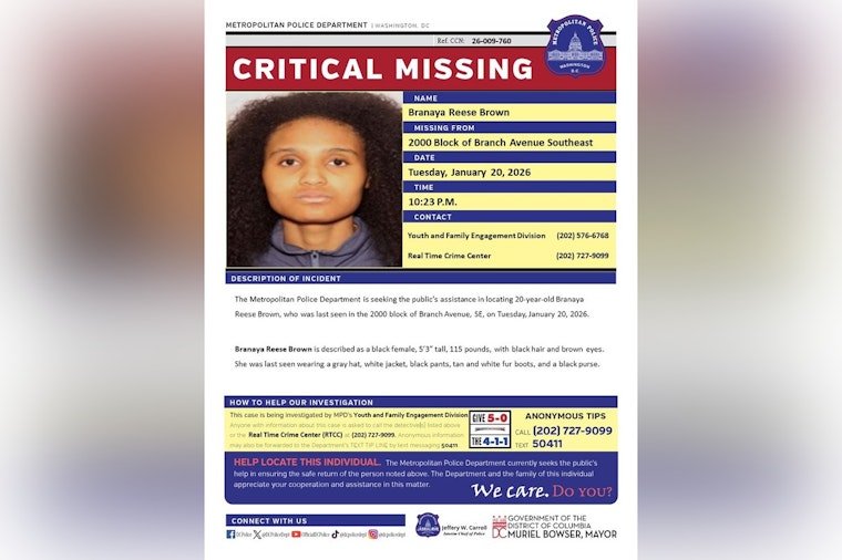 DC Police Seek Public's Help in Locating Missing 20-Year-Old Branaya Reese Brown