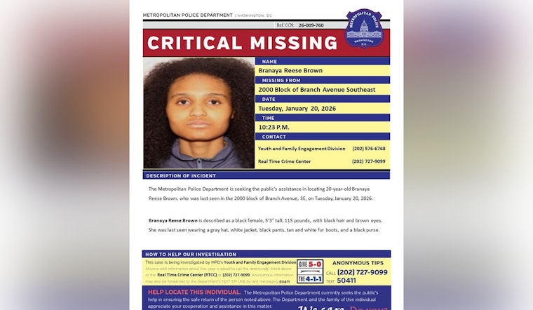 DC Police Seek Public's Help in Locating Missing 20-Year-Old Branaya Reese Brown