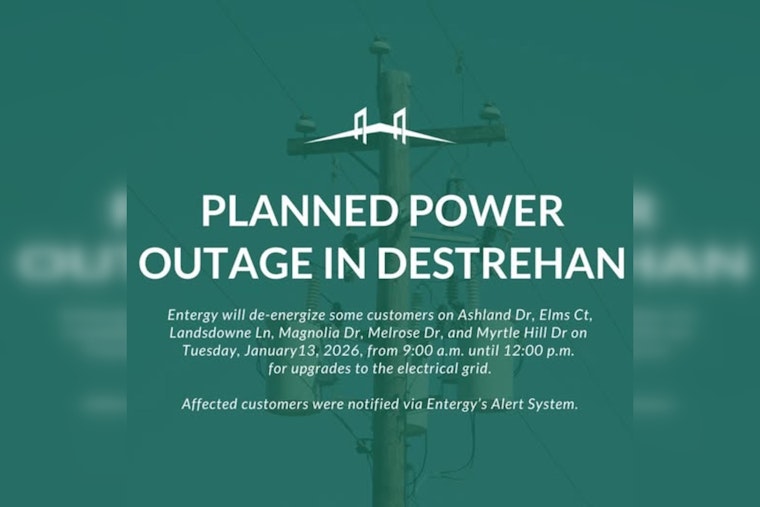 Destrehan to Experience Planned Power Outage on January 13 as Entergy Upgrades Grid