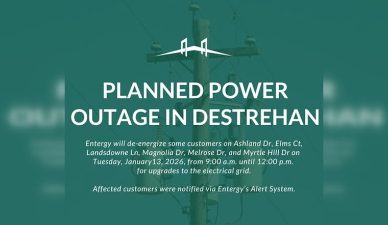 Destrehan to Experience Planned Power Outage on January 13 as Entergy Upgrades Grid