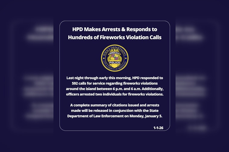 Honolulu Police Handle Over 590 Fireworks Complaints on New Year’s Eve with Two Arrests